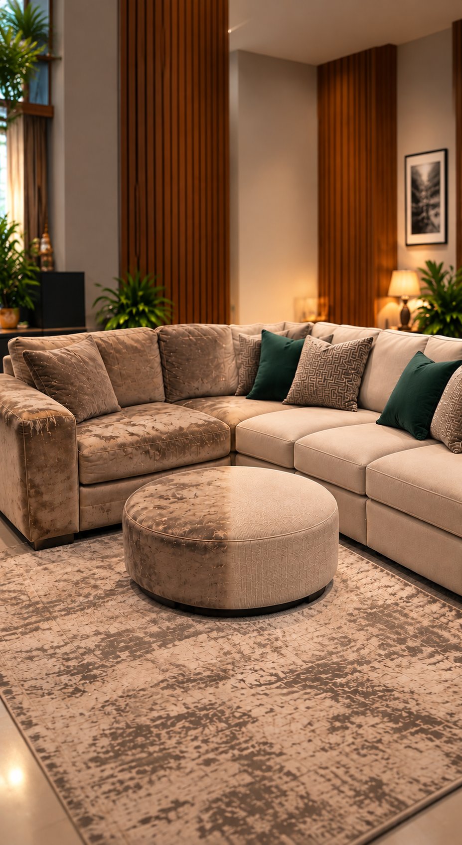 A worn sectional sofa on the left and the same sofa re-upholstered by Furniture & Furnishing Kapital on the right