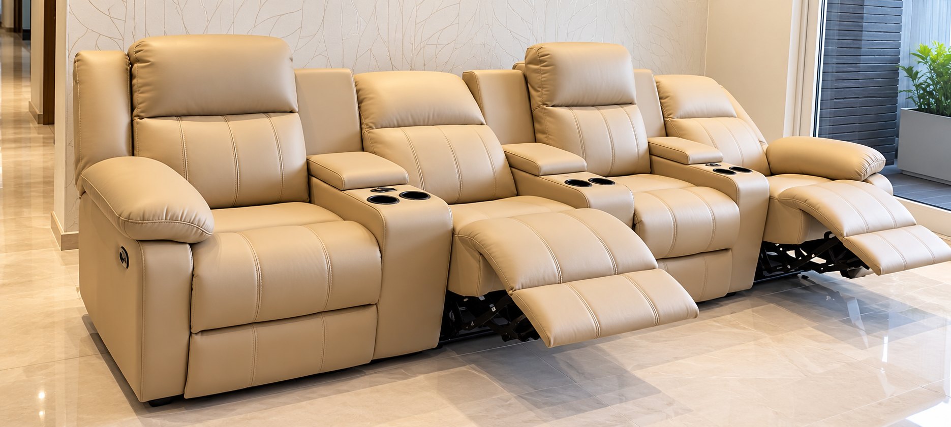 A row of cream leather theatre recliners with cup holders, built by Kapital
